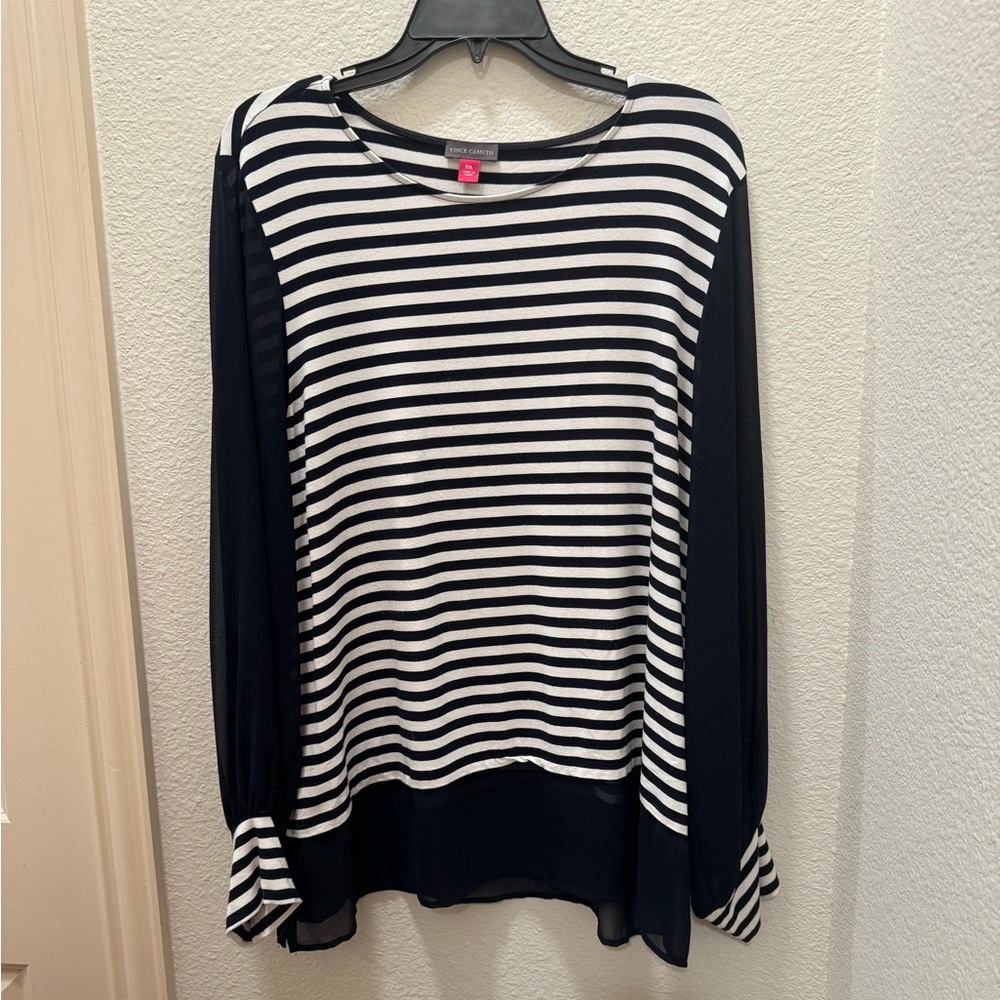 Any blue striped shirt with sheer sleeves, size XXL
